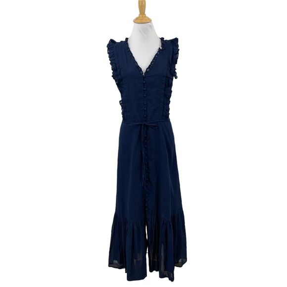 Polo Ralph Lauren Dress 0 Navy Lined Sleeveless Ruffled Button Front Tiered Maxi - Picture 1 of 14